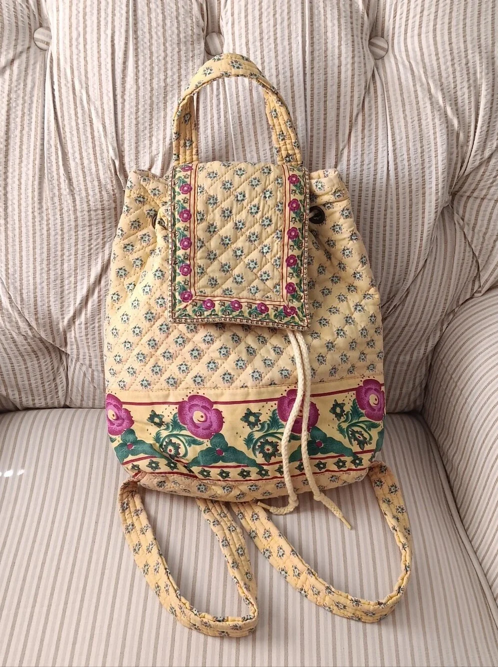 Vintage Yellow Quilted Floral Drawstring Backpack with Pink Accents